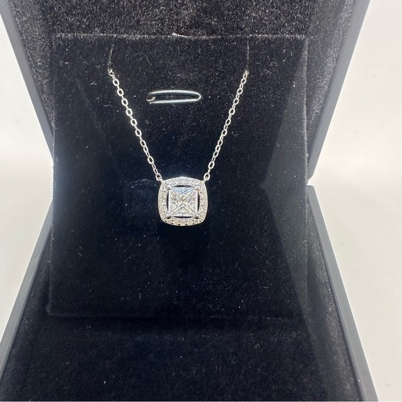Diamond Jewelry - Moissanite Diamond Necklace 1 Carat Princess Cut Halo Floatings Necklace 925 18K
